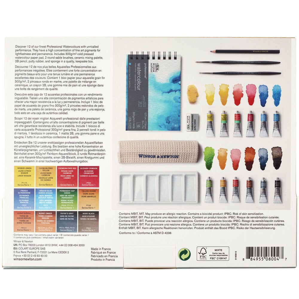 Caja de madera de estudio Winsor & Newton Professional Watercolour con 12 tubos de acuarela, 2 pinceles de marta y paleta de cerámica