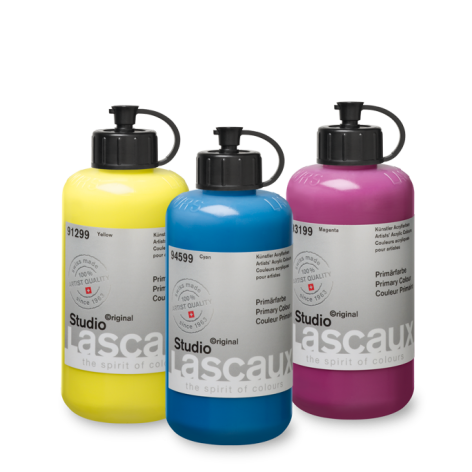 Lascaux Studio colores primarios: frascos en amarillo 91299, cian 94599 y magenta 93199