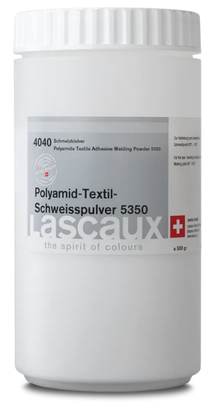 Bote de polvo termoadhesivo de poliamida Lascaux 5350 (Ref. 4040) para reentelado y reparación de desgarros en textiles