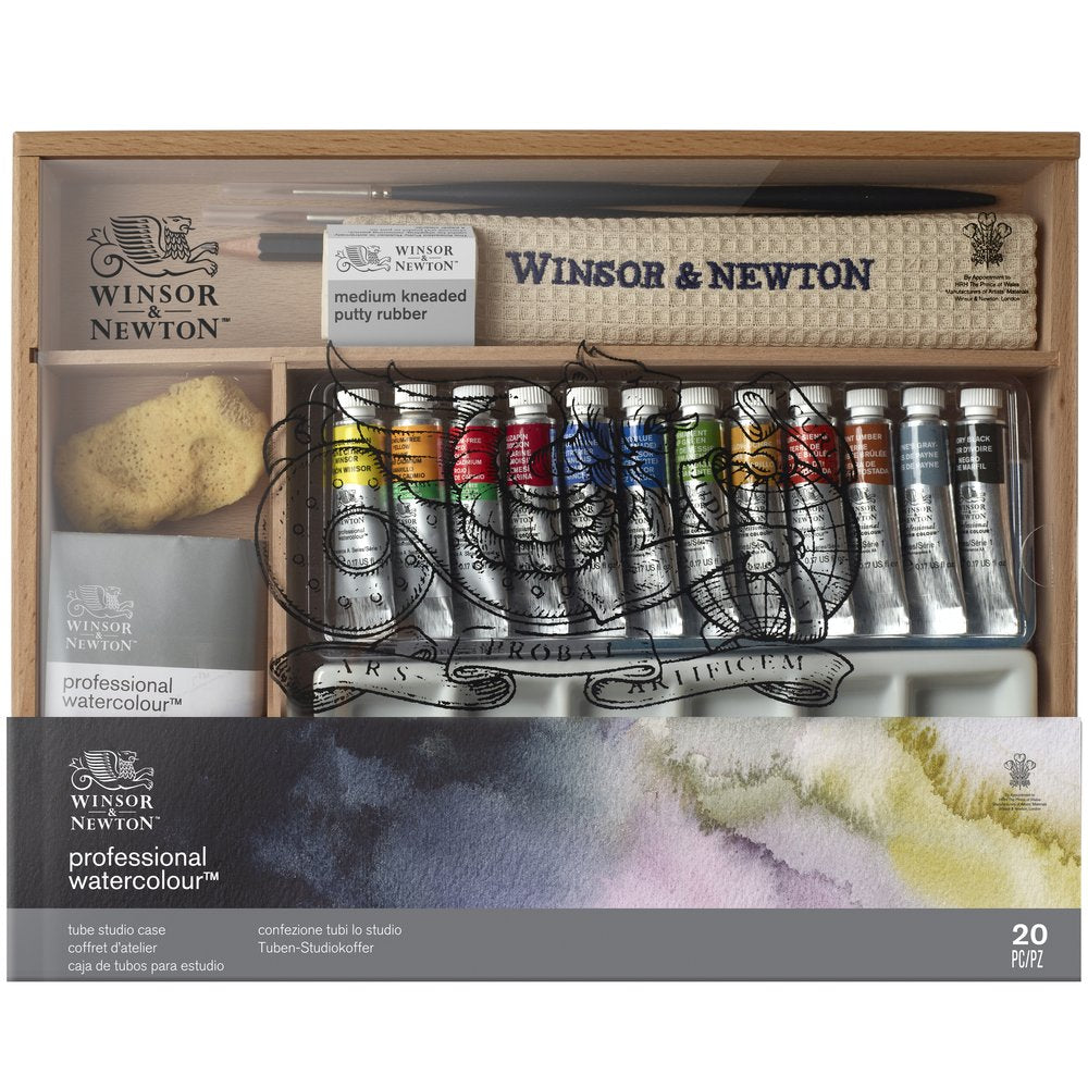 Caja de madera de estudio Winsor & Newton Professional Watercolour con 12 tubos de acuarela, 2 pinceles de marta y paleta de cerámica