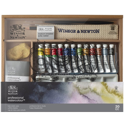 Caja de madera de estudio Winsor & Newton Professional Watercolour con 12 tubos de acuarela, 2 pinceles de marta y paleta de cerámica