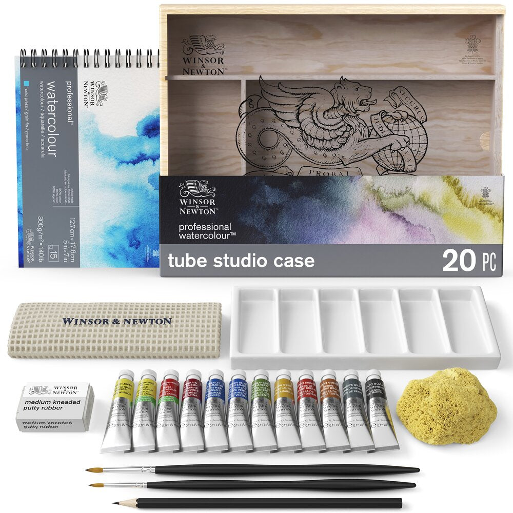 Caja de madera de estudio Winsor & Newton Professional Watercolour con 12 tubos de acuarela, 2 pinceles de marta y paleta de cerámica