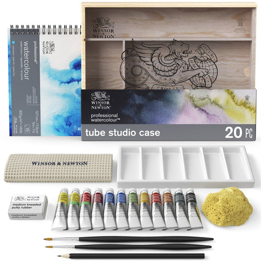 Caja de madera de estudio Winsor & Newton Professional Watercolour con 12 tubos de acuarela, 2 pinceles de marta y paleta de cerámica