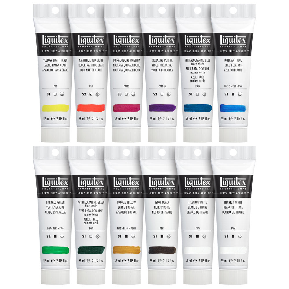 Liquitex Heavy Body, Set Clásicos de 12 tubos de 59 ml de acrílico profesional: caja del set con dos tubos delante