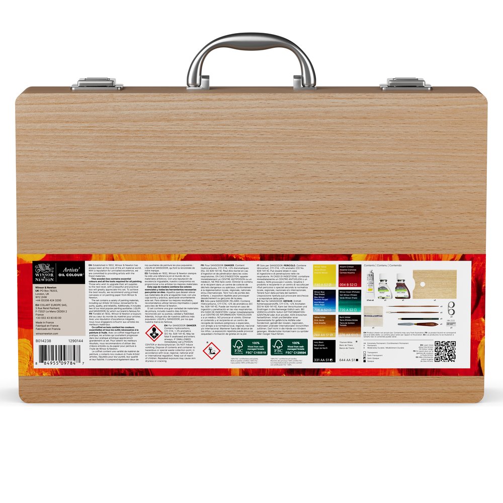 Winsor & Newton Artists' Oil Colour, caja de madera estudio con 8 óleos de 37 ml, Liquin Original, Sansodor y útiles