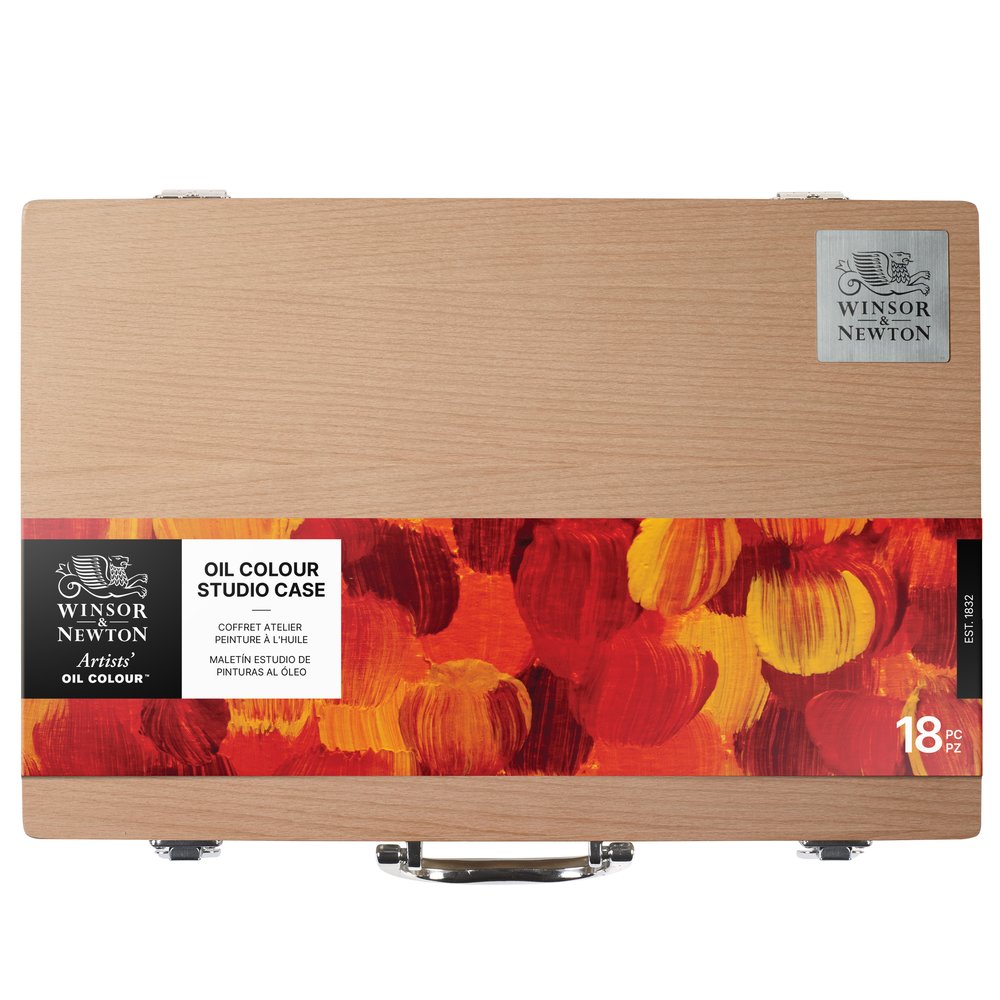 Winsor & Newton Artists' Oil Colour, caja de madera estudio con 8 óleos de 37 ml, Liquin Original, Sansodor y útiles