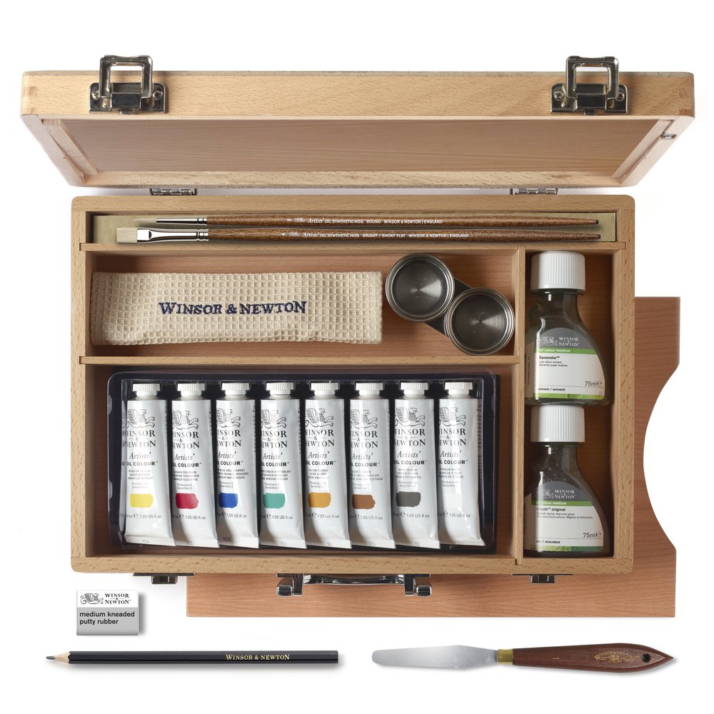 Winsor & Newton Artists' Oil Colour, caja de madera estudio con 8 óleos de 37 ml, Liquin Original, Sansodor y útiles