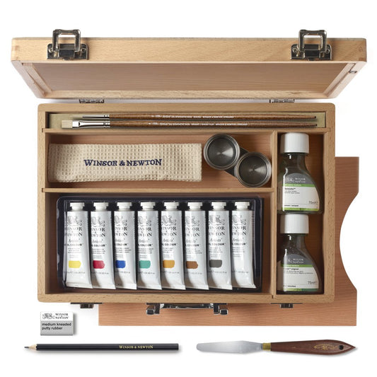 Winsor & Newton Artists' Oil Colour, caja de madera estudio con 8 óleos de 37 ml, Liquin Original, Sansodor y útiles