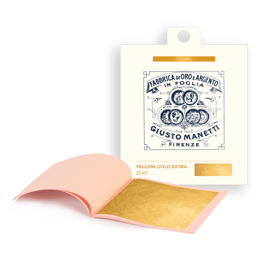 Librillo de pan de oro Giusto Manetti de 23 kt amarillo Extra, hoja suelta de 80 × 80 mm para dorado al agua y a la mixtión