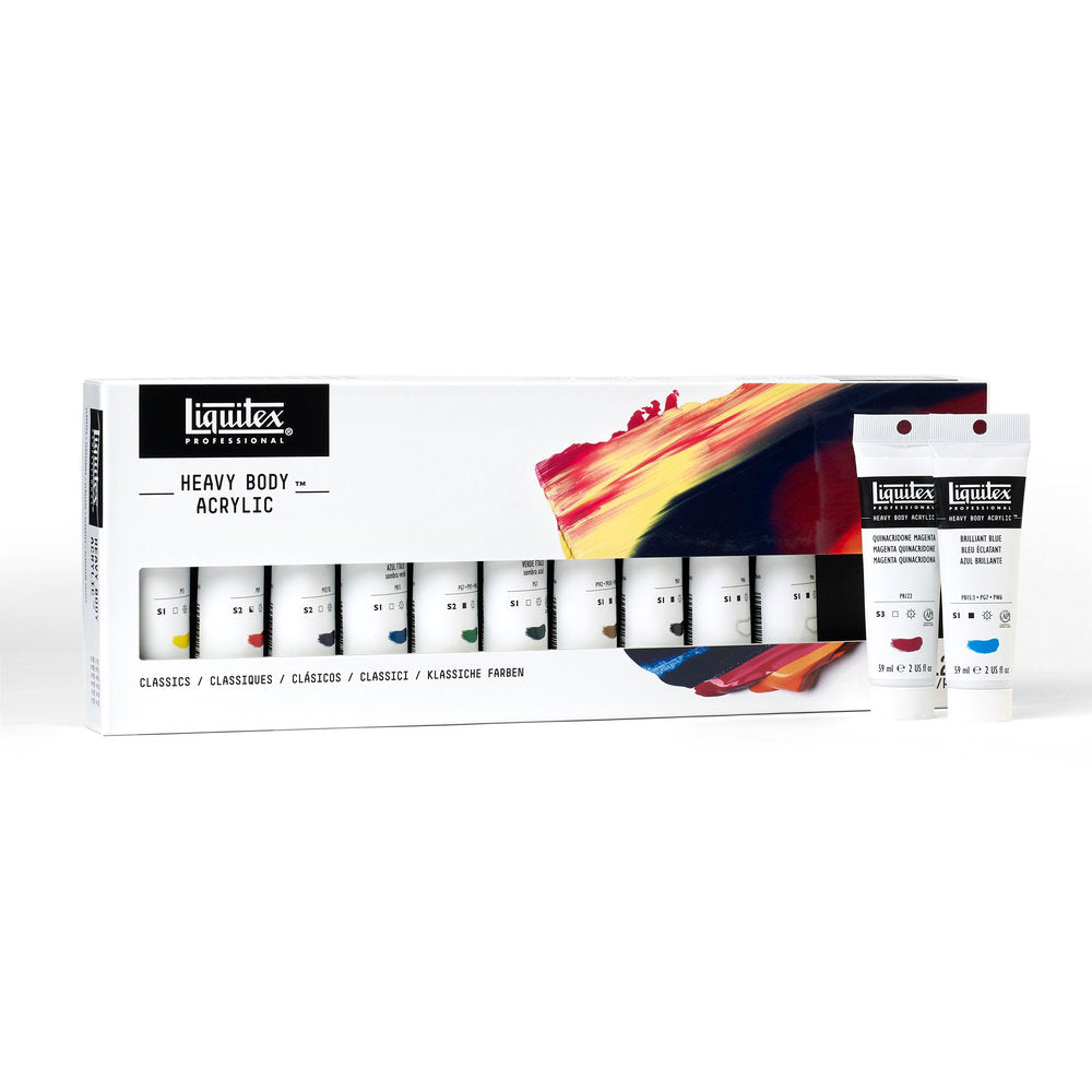 Liquitex Heavy Body, Set Clásicos de 12 tubos de 59 ml de acrílico profesional: caja del set con dos tubos delante