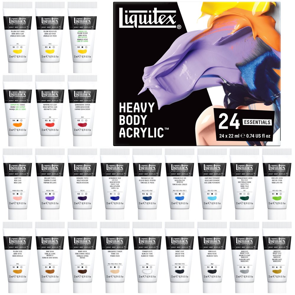 Liquitex Heavy Body, set de 24 tubos de 22 ml de acrílico profesional: caja del set y los 24 tubos