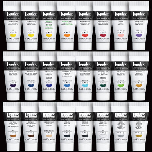 Liquitex Heavy Body, set de 24 tubos de 22 ml de acrílico profesional: caja del set y los 24 tubos