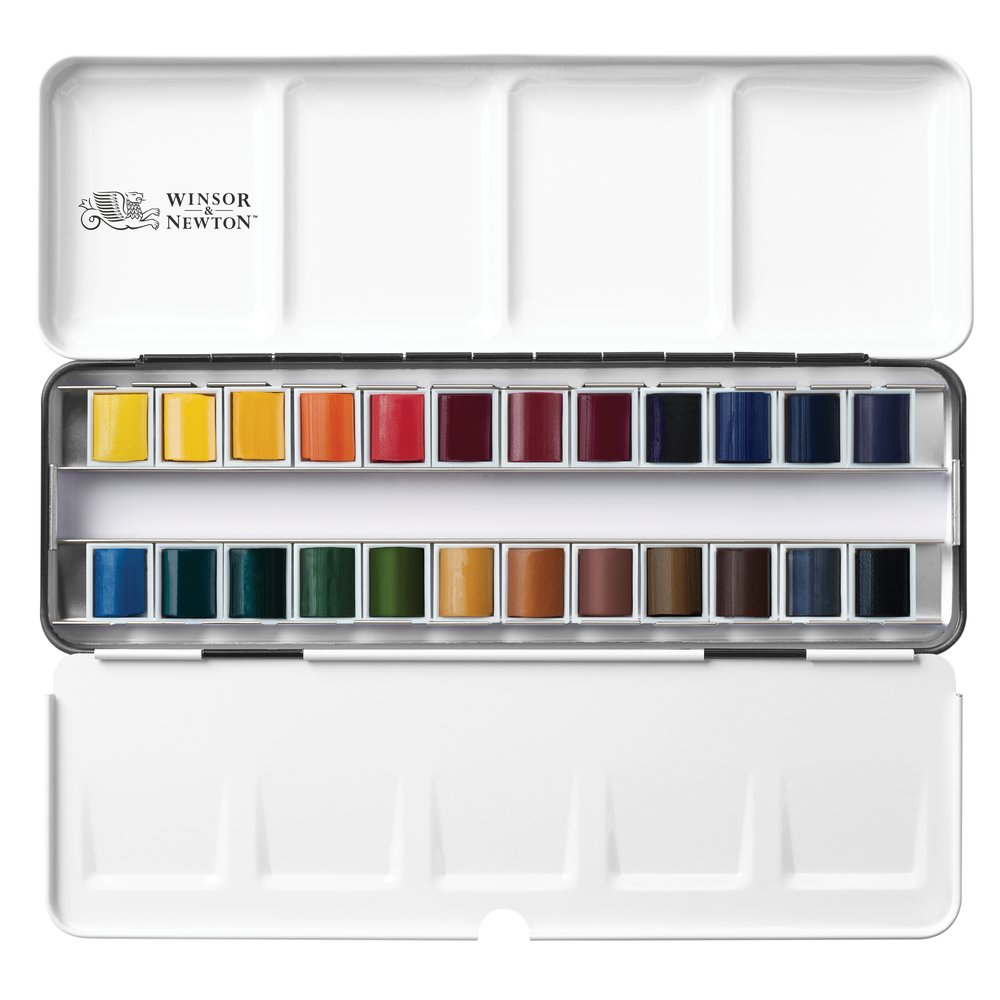 Caja metálica Winsor & Newton Professional Watercolour con 24 medios godets de acuarela, abierta con tapa-paleta