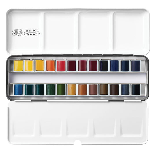 Caja metálica Winsor & Newton Professional Watercolour con 24 medios godets de acuarela, abierta con tapa-paleta