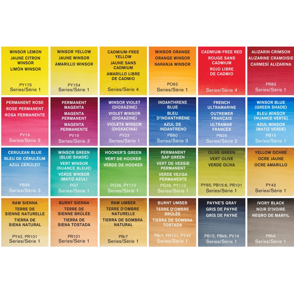 Caja metálica Winsor & Newton Professional Watercolour con 24 medios godets de acuarela, abierta con tapa-paleta