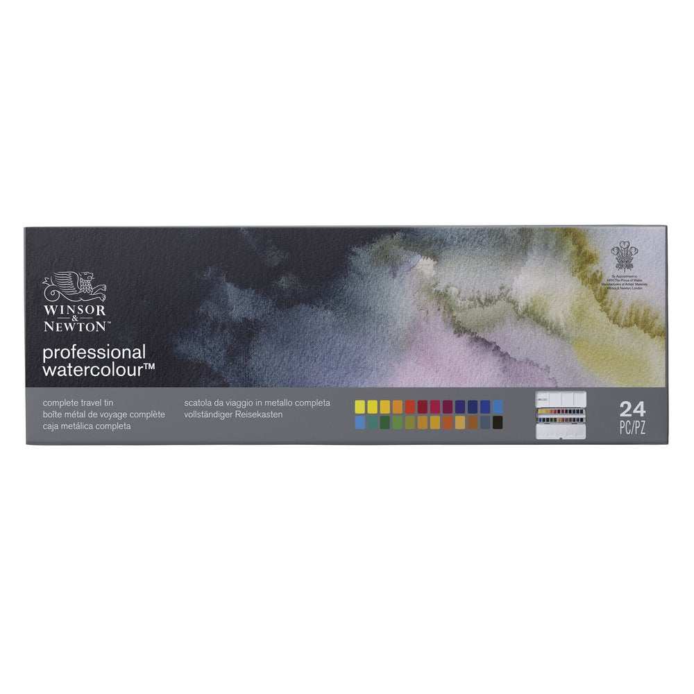 Caja metálica Winsor & Newton Professional Watercolour con 24 medios godets de acuarela, abierta con tapa-paleta