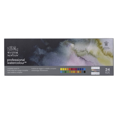 Caja metálica Winsor & Newton Professional Watercolour con 24 medios godets de acuarela, abierta con tapa-paleta
