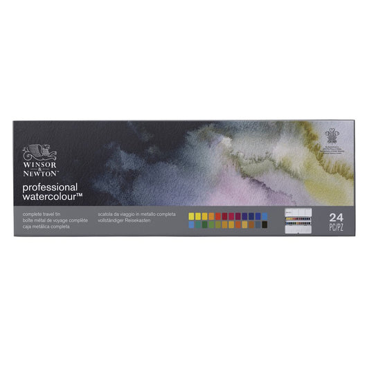 Caja metálica Winsor & Newton Professional Watercolour con 24 medios godets de acuarela, abierta con tapa-paleta