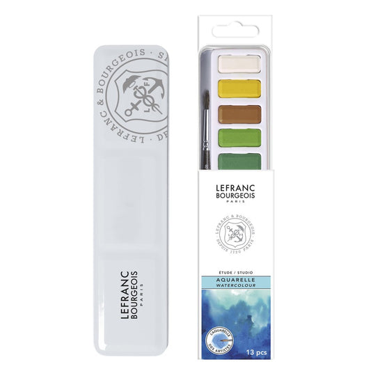 Lefranc Bourgeois Acuarela Étude/Studio · Caja metálica con 12 pastillas y pincel