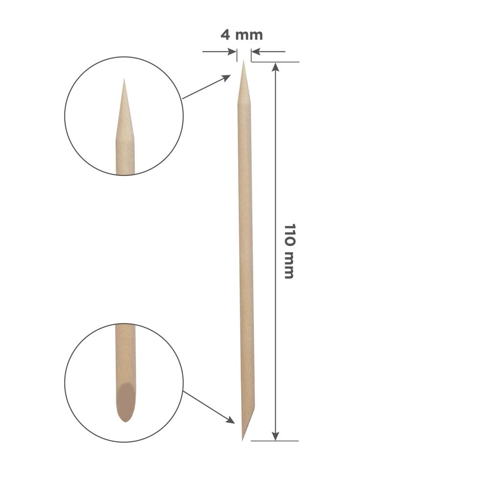 Esquema de medidas del palito de abedul Staleks: 110 mm de largo y 4 mm de ancho, con punta biselada