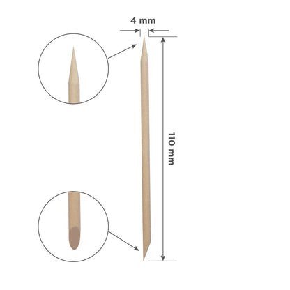 Esquema de medidas del palito de abedul Staleks: 110 mm de largo y 4 mm de ancho, con punta biselada