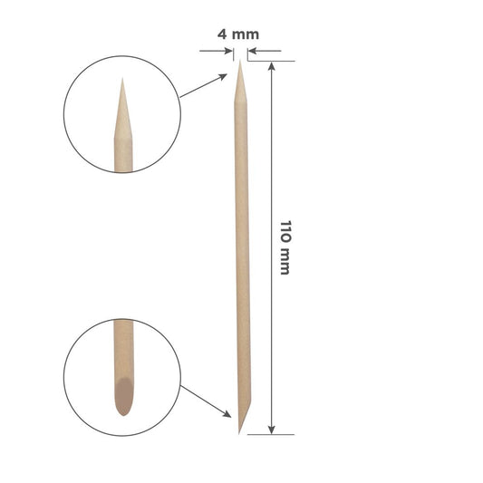 Esquema de medidas del palito de abedul Staleks: 110 mm de largo y 4 mm de ancho, con punta biselada