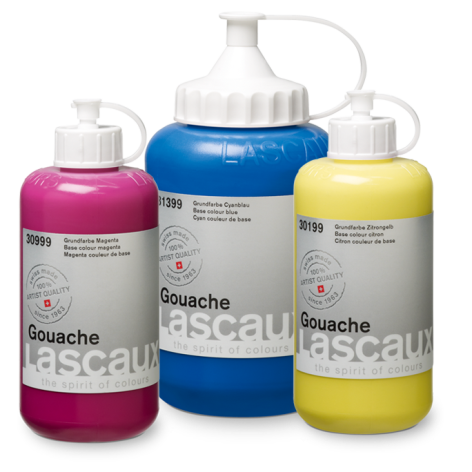 Lascaux Gouache colores primarios: frascos de magenta, cian y amarillo