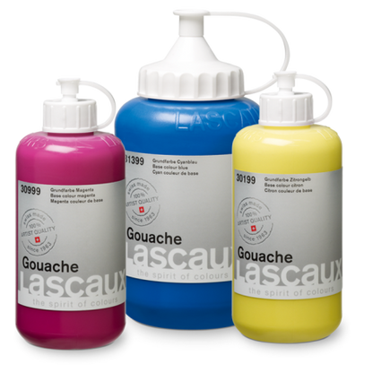 Lascaux Gouache colores primarios: frascos de magenta, cian y amarillo