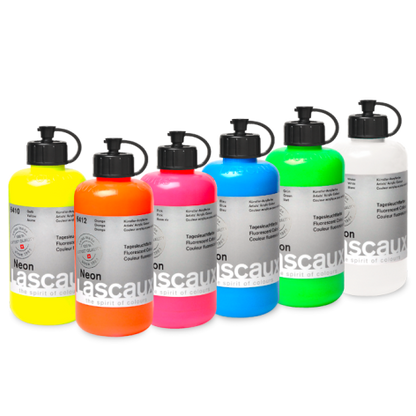 Lascaux Neon, frascos de acrílico fluorescente en amarillo, naranja, rosa, azul, verde y blanco