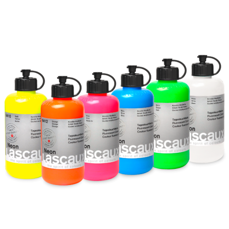 Lascaux Neon, frascos de acrílico fluorescente en amarillo, naranja, rosa, azul, verde y blanco