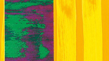 Pinceladas de Lascaux Perlacryl en amarillo, verde y violeta sobre soporte