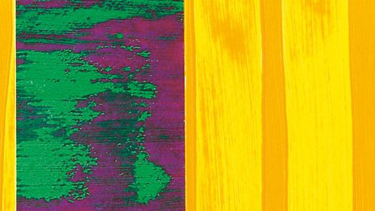 Pinceladas de Lascaux Perlacryl en amarillo, verde y violeta sobre soporte