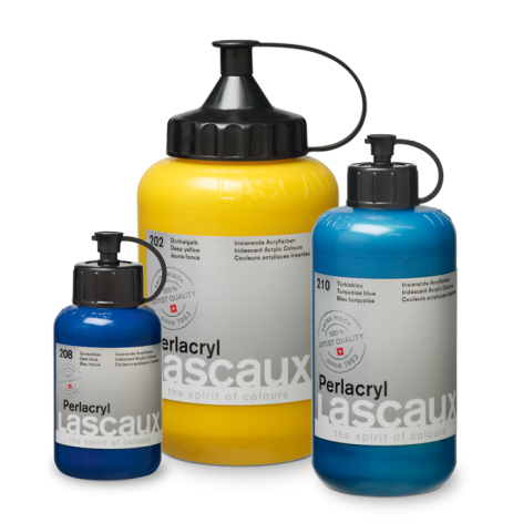 Tres frascos de Lascaux Perlacryl: 208 azul oscuro, 202 amarillo intenso y 210 azul turquesa