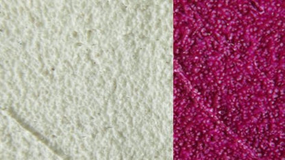 Textura rugosa de la Lascaux Modelling Paste C seca, sin teñir y teñida de magenta