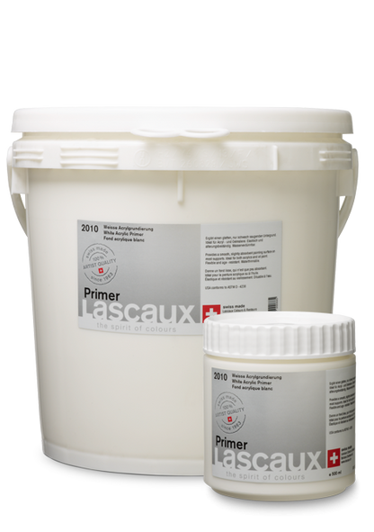 Lascaux Primer, imprimación acrílica blanca, bote de 500 ml y cubo de 5 l