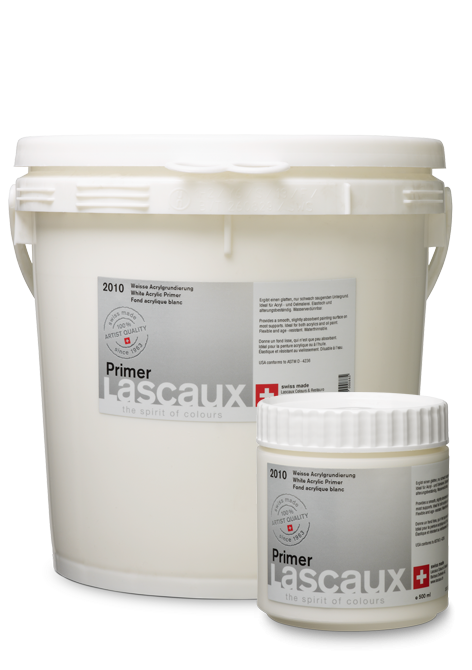 Lascaux Primer, imprimación acrílica blanca, bote de 500 ml y cubo de 5 l