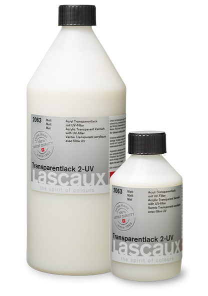Lascaux Transparent Varnish 2 UV mate, frascos de barniz acrílico con filtro UV