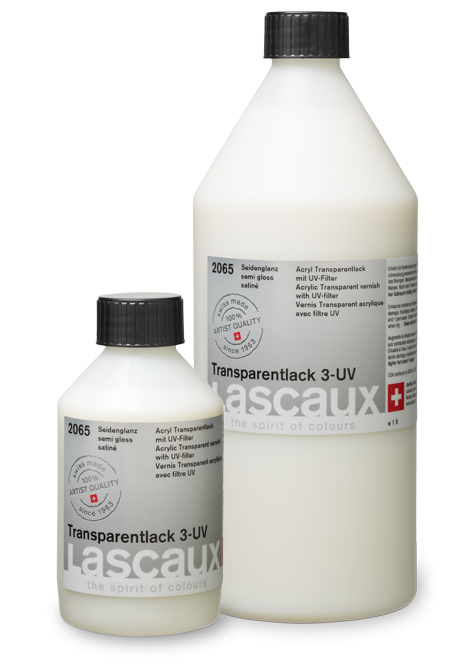 Lascaux Transparent Varnish 3 UV satinado, frascos de barniz acrílico con filtro UV