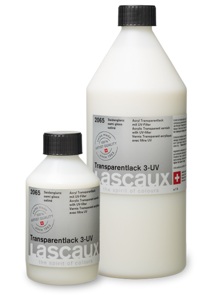 Lascaux Transparent Varnish 3 UV satinado, frascos de barniz acrílico con filtro UV