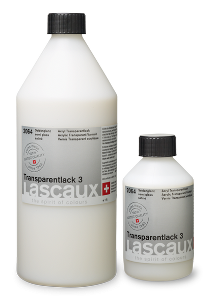 Lascaux Transparent Varnish 3 satinado, frascos de 1 l y 250 ml