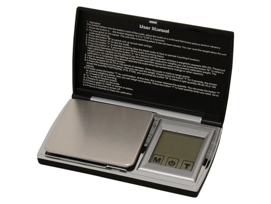 Balanza de bolsillo Nahita KBH003, 500 g de capacidad y 0,01 g de resolución, con tapa abatible y pantalla LCD