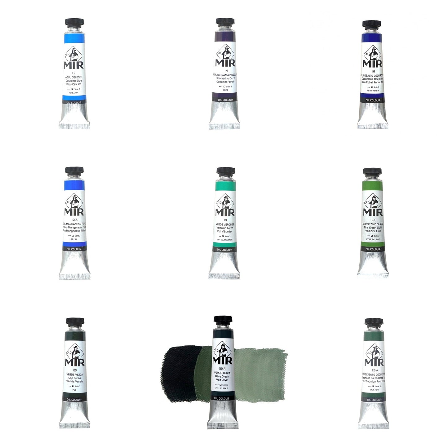 Óleo Extrafino MIR — Azules, Verdes y Violetas · Tubos 20/60/200 ml