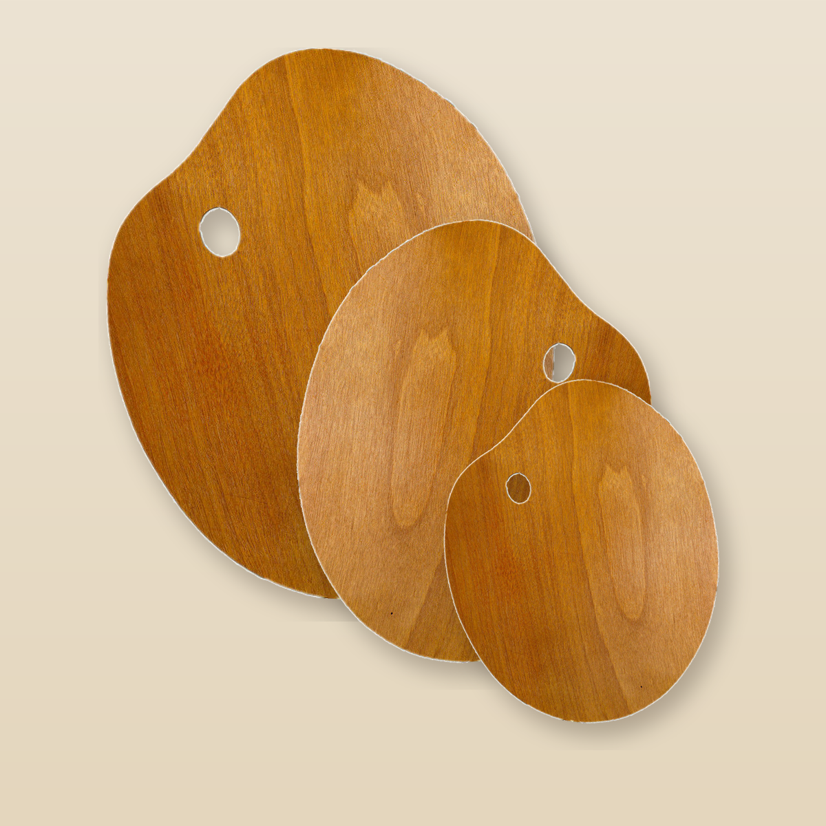 Paleta de madera ovalada sellada para oleo, disponible en tres tamanos